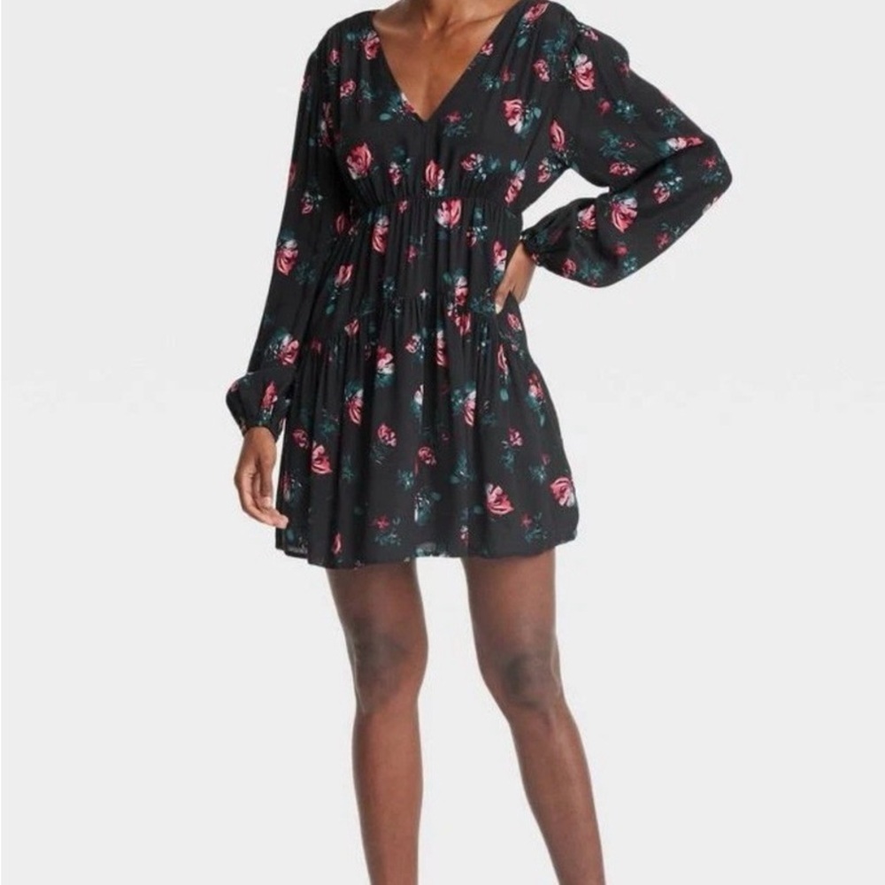 a new day Black Floral V-Neck Mini Dress with Pink Accents